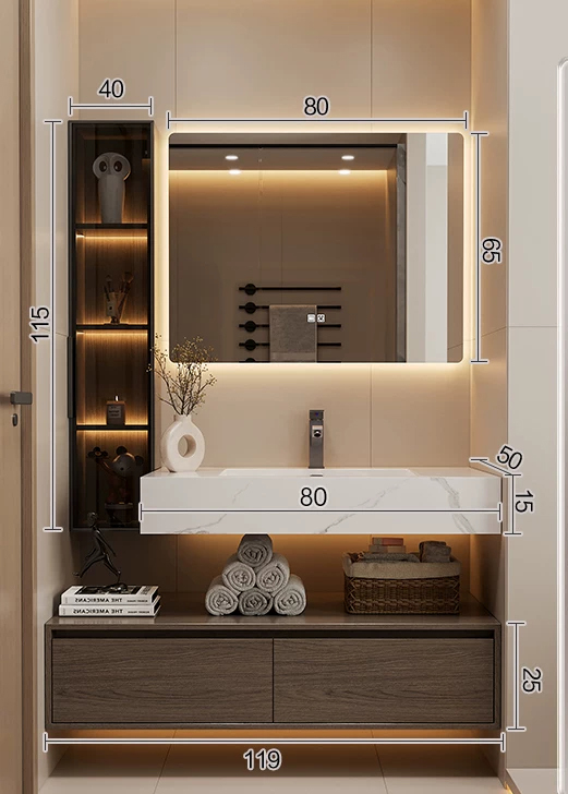 Comptoir intégré en pierre de 120 cm avec évier en céramique + miroir intelligent