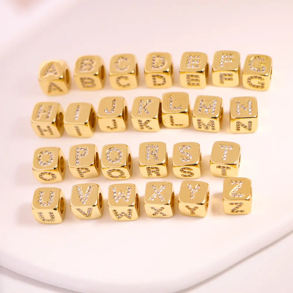 Cubo de letras com strass para fazer jóias, contas de latão ABC, contas de dados de alfabeto, buraco grande, pingente DIY para fazer jóias, 9 mm/6 mm