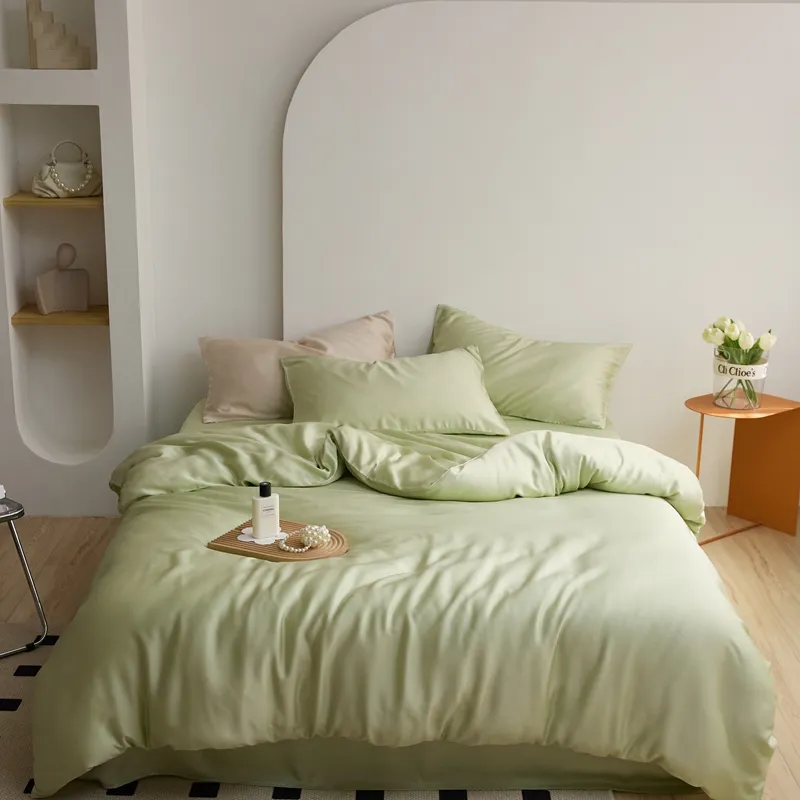 Refreshing100 % tempat tidur serat hijau ukuran king seprai gadis merah muda selimut penutup warna solid set seprai tekstil rumah grosir