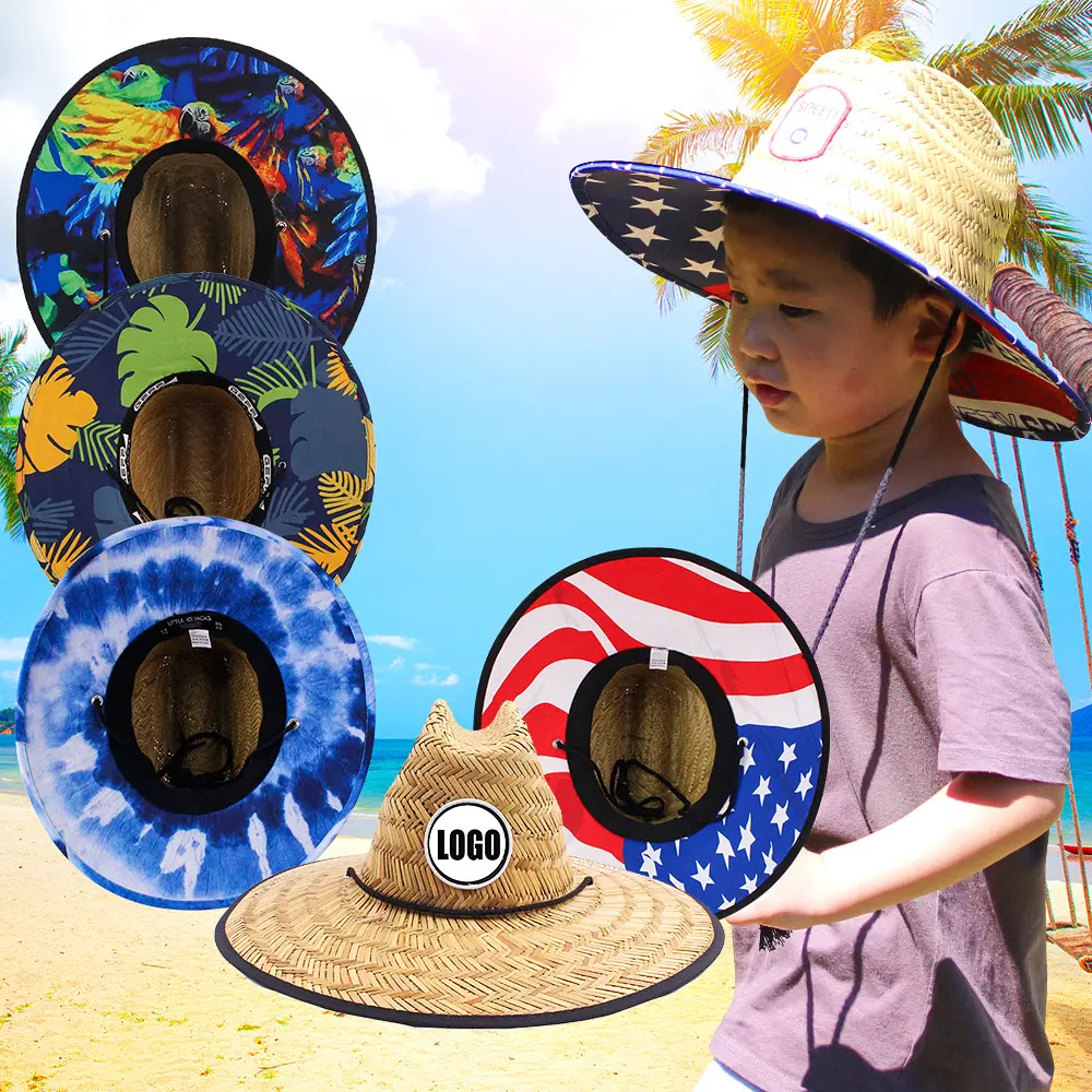 Commercio all'ingrosso estate Logo personalizzato bambini bambini cappello di paglia erba naturale bagnino neonato bambino regolabile parasole cappello di paglia