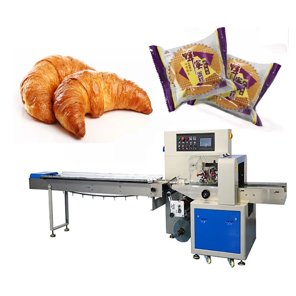 Di alta qualità automatico di cibo cuscino sacchetto di plastica macchina imballatrice orizzontale biscotto di pane croissant macchina per l'imballaggio di flusso