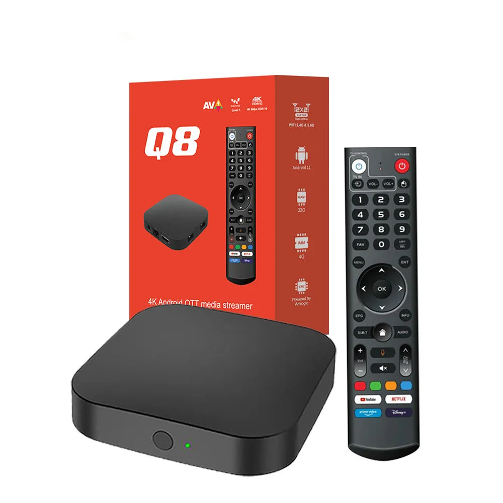 QBUY Q8 Amlogic S905Y4 kotak TV pintar, Android 11 4GB 32GB ATV Box WIFI6 5G Dual WIFI BT suara Remote Control 4k IP TV UK USA CA NL