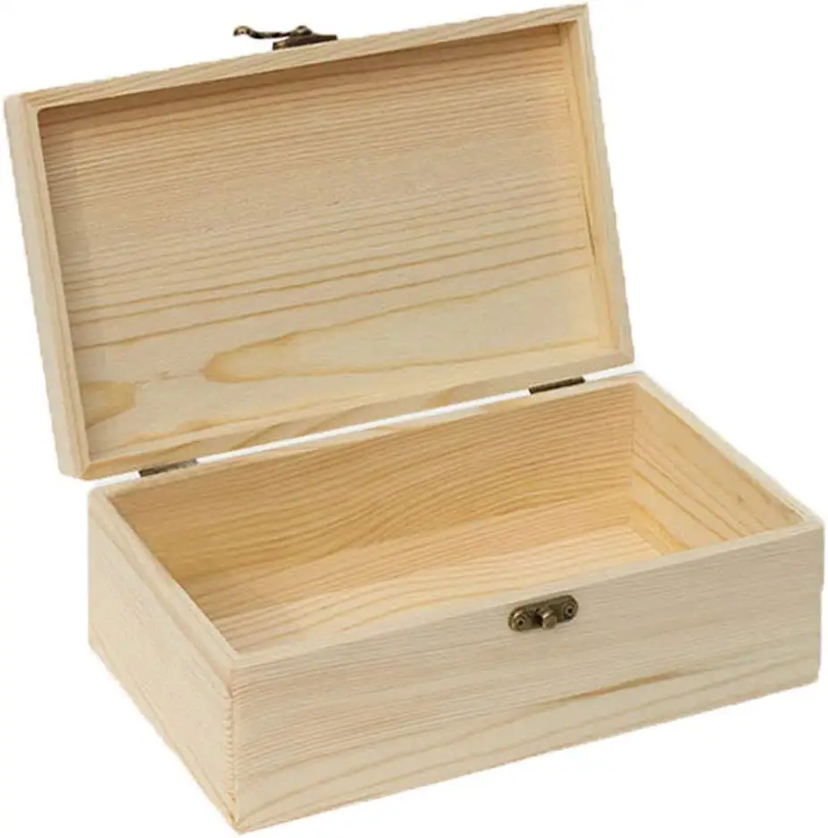 Handmade Solid Pine Wood Storage Box Natural DIY Gift Box with hinged lid and Front Buckle