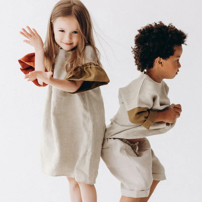 Детская юбка с летающими рукавами, однотонное платье из хлопка и льна для девочек, на лето