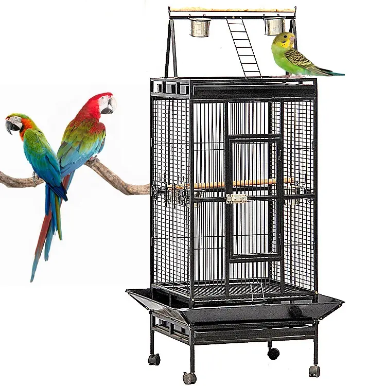 Commercio all'ingrosso a basso prezzo di lusso grande spazio nero in acciaio inox ferro pappagallo canarino pappagallino gabbia per uccelli pet con ruote