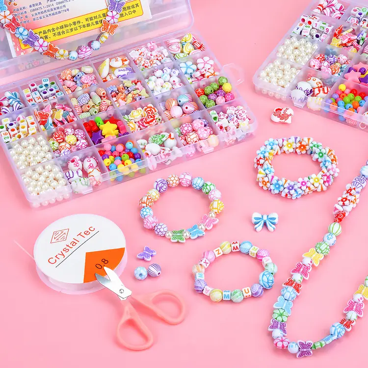ग्रिड बच्चों के मनके खिलौने शिल्प किट हस्तनिर्मित लड़कियों रंगीन बनाने हार कंगन मोती गहने सामान