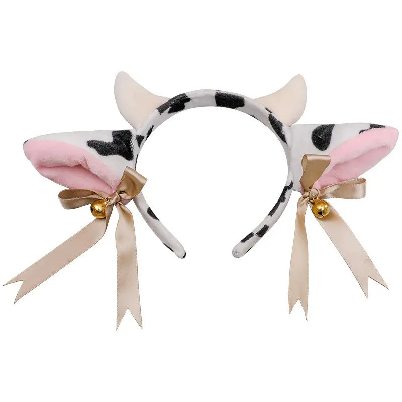 Diadema con orejas de vaca de dibujos animados, diadema con campanas pequeñas, Lazo de cinta de Anime, Aro para el pelo de Lolita, disfraz de Cosplay de fiesta de animales Kawaii