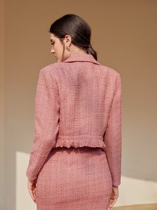 女性用ピンクツイード2ピースセットXL秋冬ファッションツイードジャケットスーツソリッドパターン1セットショートトップ<span class=keywords><strong>ODM</strong></span>含む