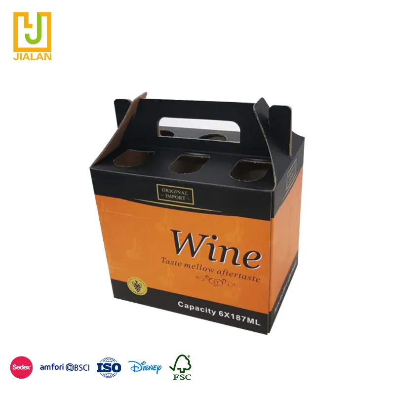 Enam Pak pembawa grosir murah pegangan portabel kotak kartu kertas bergelombang untuk botol anggur