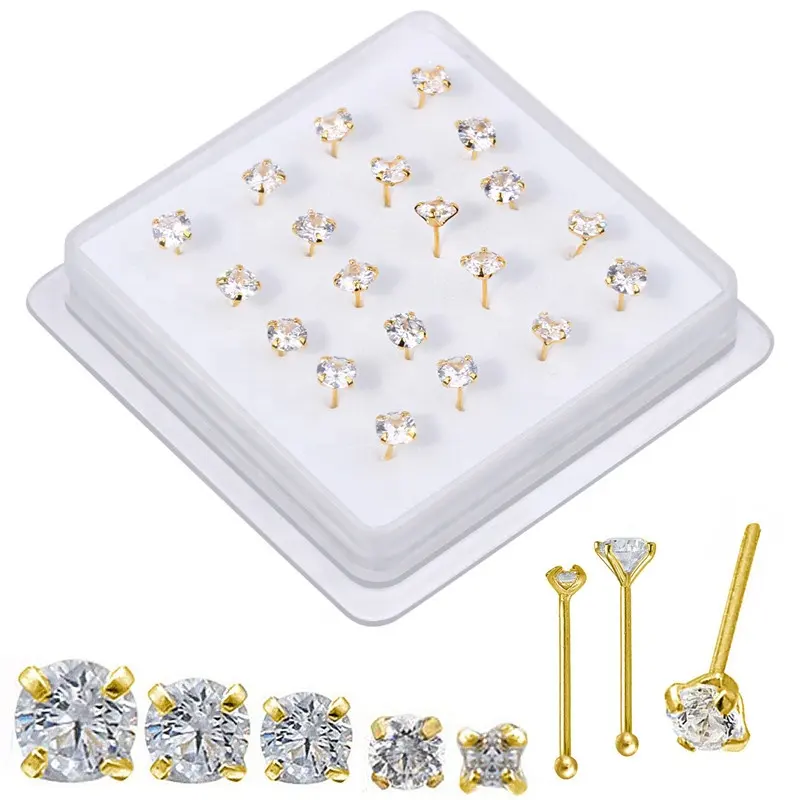 Lot de 20 clous de nez à broche droite avec anneaux de nez en cristal CZ de 1.5mm, 2mm, 3mm, 4mm, pour piercing, bijoux de corps en boîte