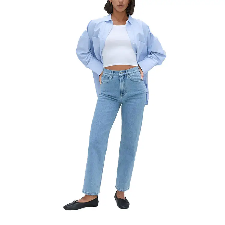 2024 estivo da donna con taglio dritto blu cielo Jeans di cotone taglia XL pantaloni dimagranti larghi con decorazione a motivo