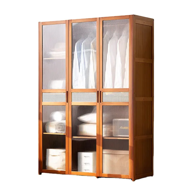 Armário de madeira simples para armazenamento de roupas, organizador de rattan, guarda-roupa vertical com haste de roupas