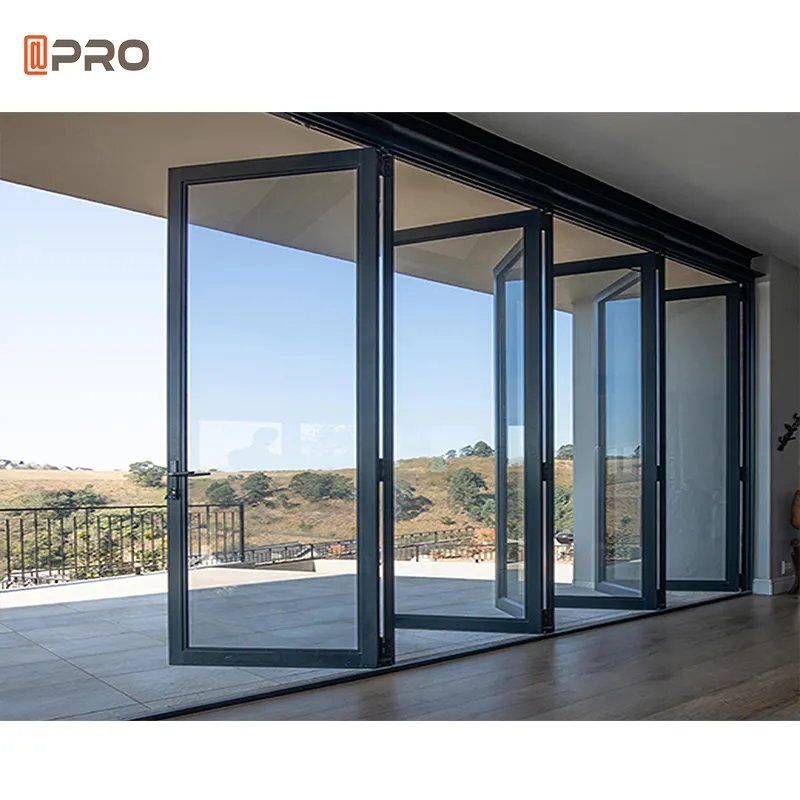 Apro OEM-puerta corredera plegable de aluminio para exteriores, puertas plegables con persianas integradas, fácil instalación, personalizada, precio