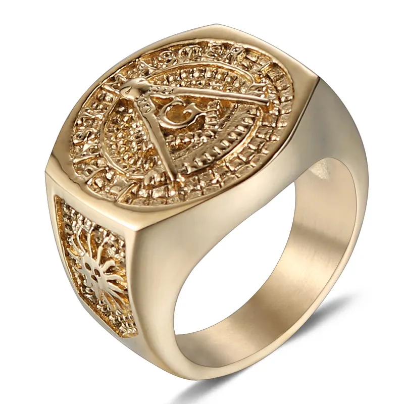Anéis dourados masculinos, anéis dourados de aço inoxidável estilo religioso, retrô, grande