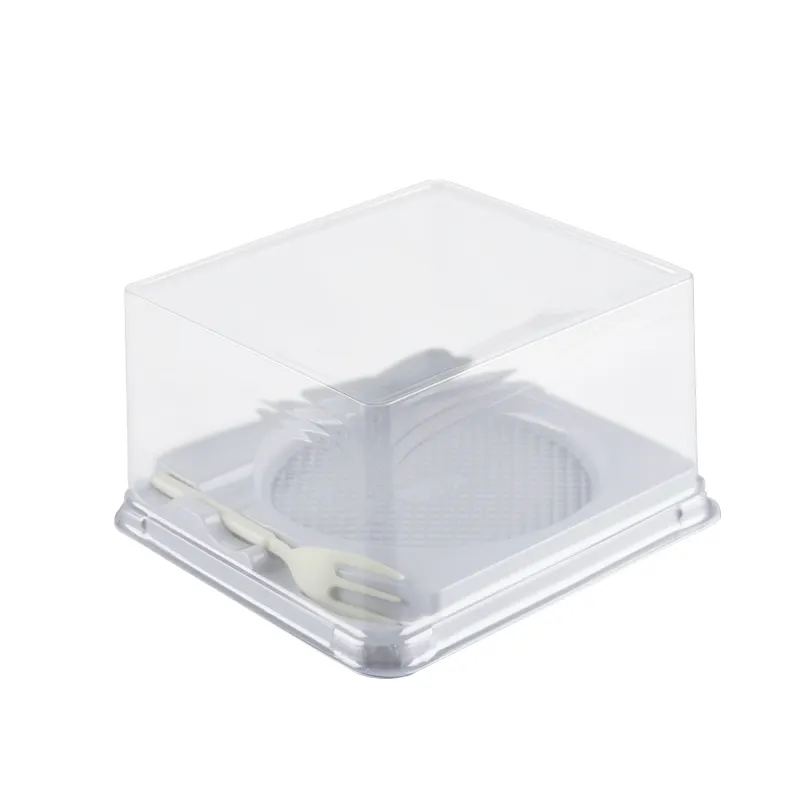 Emballage de gâteau en plastique transparent recyclable en vrac de 4 pouces 5 pouces boîtes à gâteau de lune conteneur avec fourchette