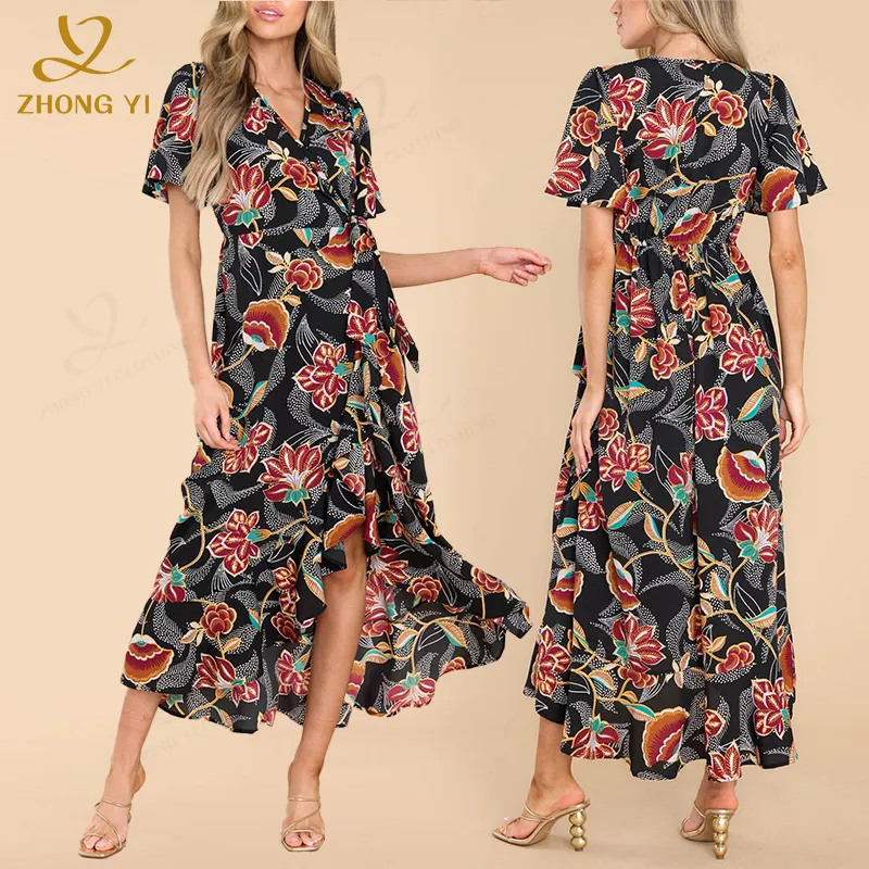 Vestido de mujer ropa personalizada fabricante diseño Floral multicolor cuello en V plisado volante hasta la rodilla elegante verano Midi vestidos