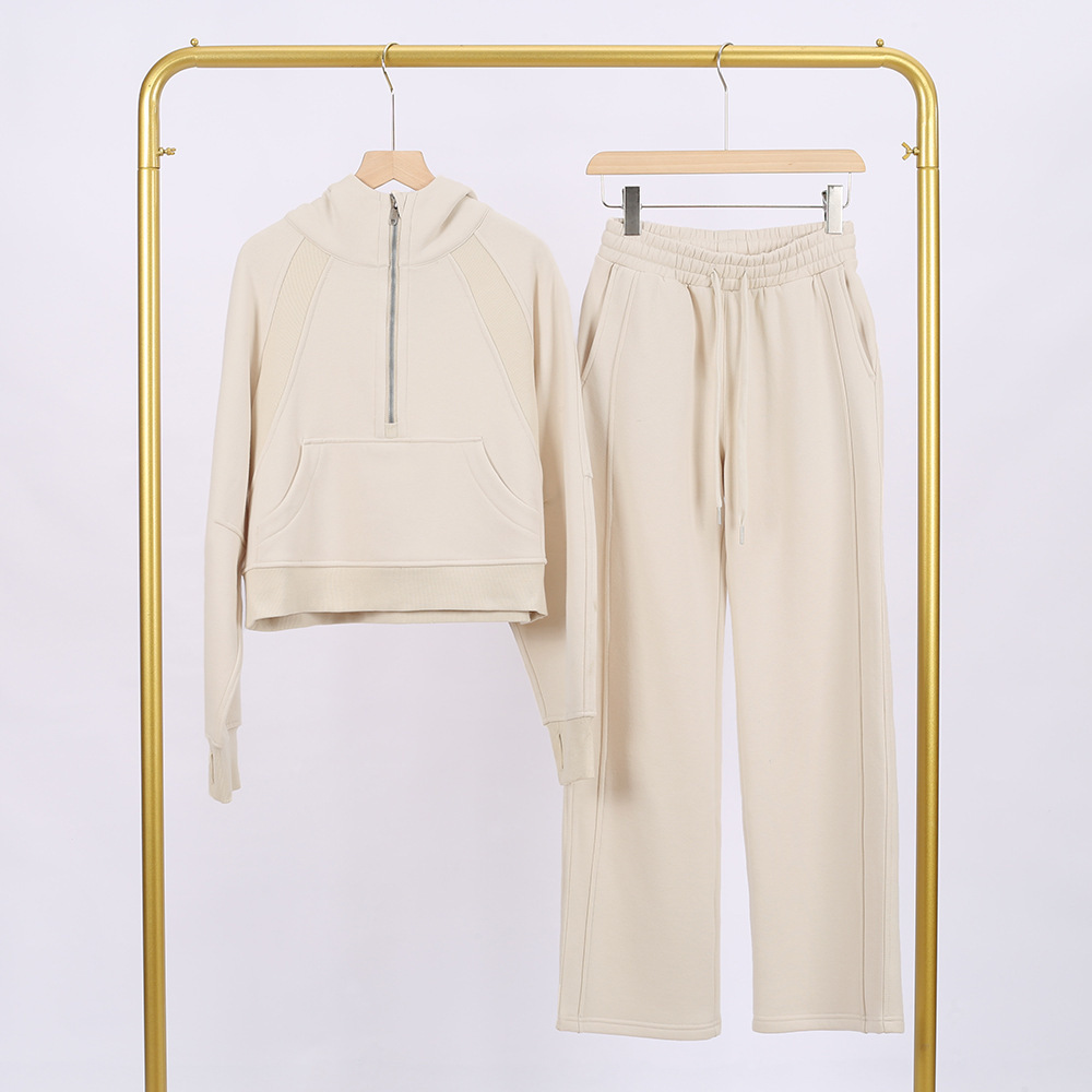 Bone white hooded half pull sweat pants set