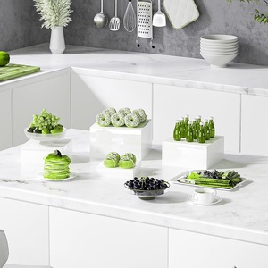 Quadrado Branco Acrílico Buffet Food <span class=keywords><strong>Display</strong></span> Riser 5 Lados <span class=keywords><strong>Display</strong></span> Riser Cube Stand com Fundo Oco