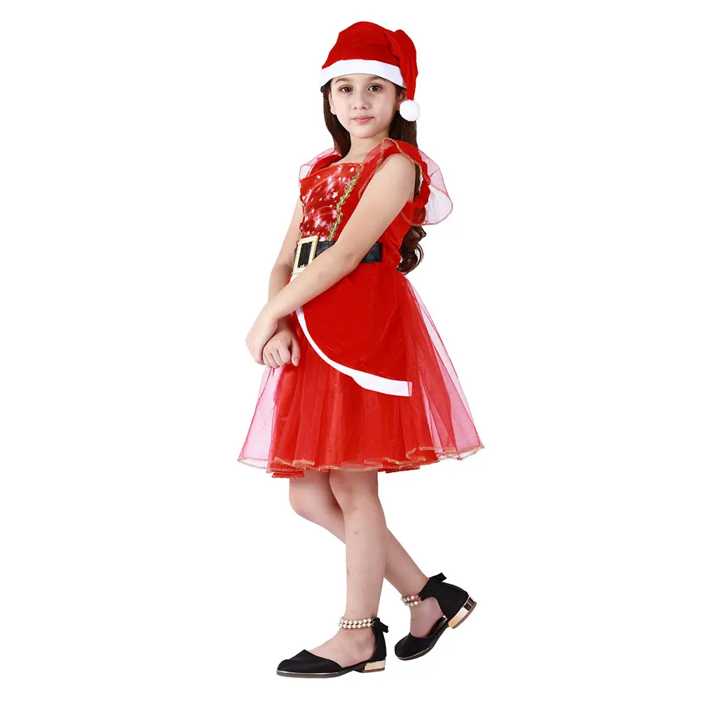 Ecowalson Hot Sales Kids Girls Christmas Elf Dress Up Costumes Jagged Detail Dress with hat dress Suit for Cosplay