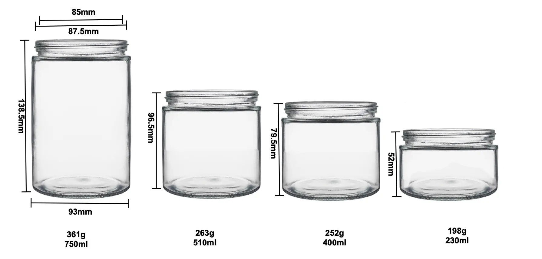 Imballaggio di berlino barattolo di conservazione degli alimenti a bocca larga di dimensioni personalizzate barattolo di vetro cosmetico crema rotondo trasparente