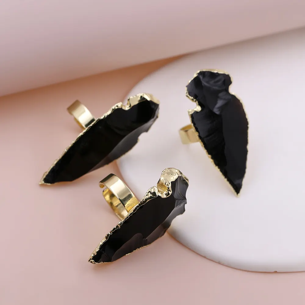 Men Raw Gemstone Black Obsidian Arrowhead Rough Healing Stone Jewelry Rings Natural Stone Jewelry