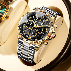BINBOND Herren uhr Stahl gürtel Mondphase Leuchtende wasserdichte multifunktion ale Chronograph Quarzuhr für Herren