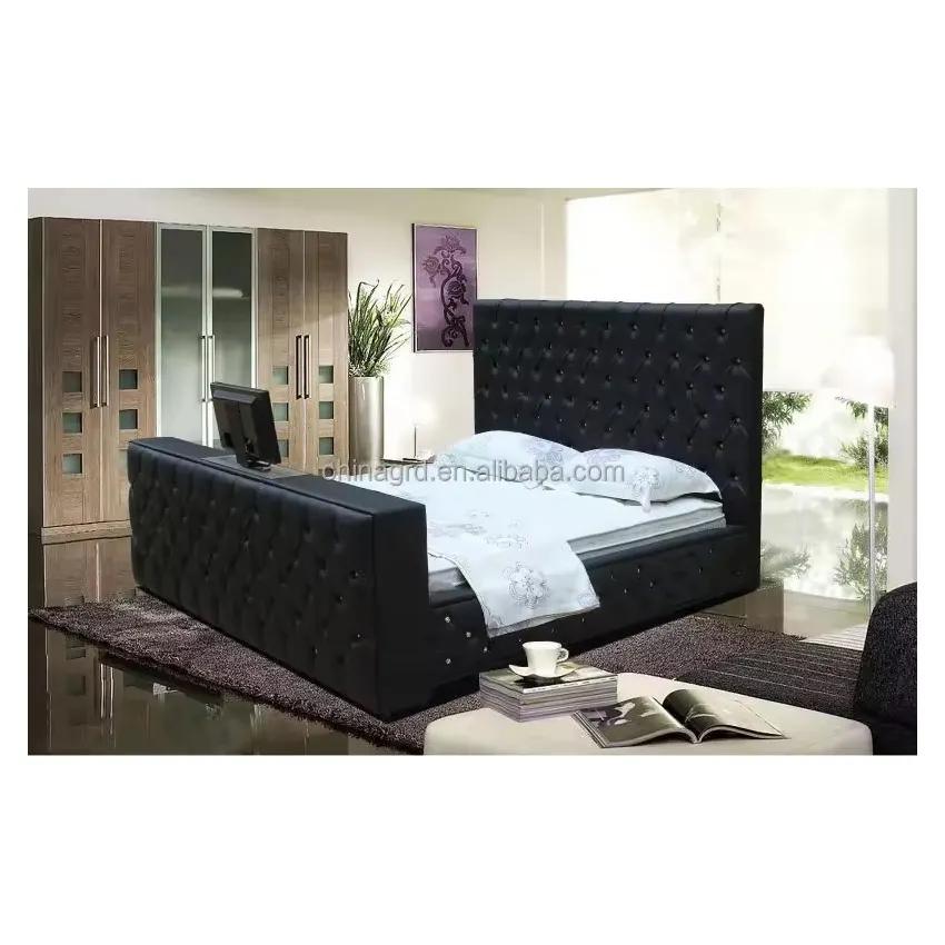 Mais recente design cama alta qualidade controle remoto elevador queen size tv cama moderna bedroomsets para mobília do quarto de cama