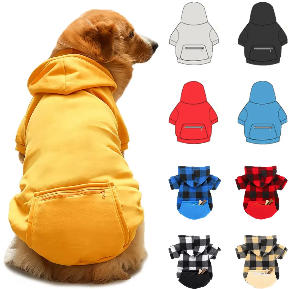 Large Plain Dog Hoodie Pet Clothes Sweaters with Zippered Pocket