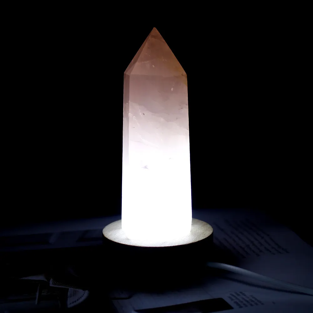 Lámpara de mesa de cristal de meditación para artesanía popular, cristal natural de cuarzo rosa transparente, cristales curativos, venta al por mayor