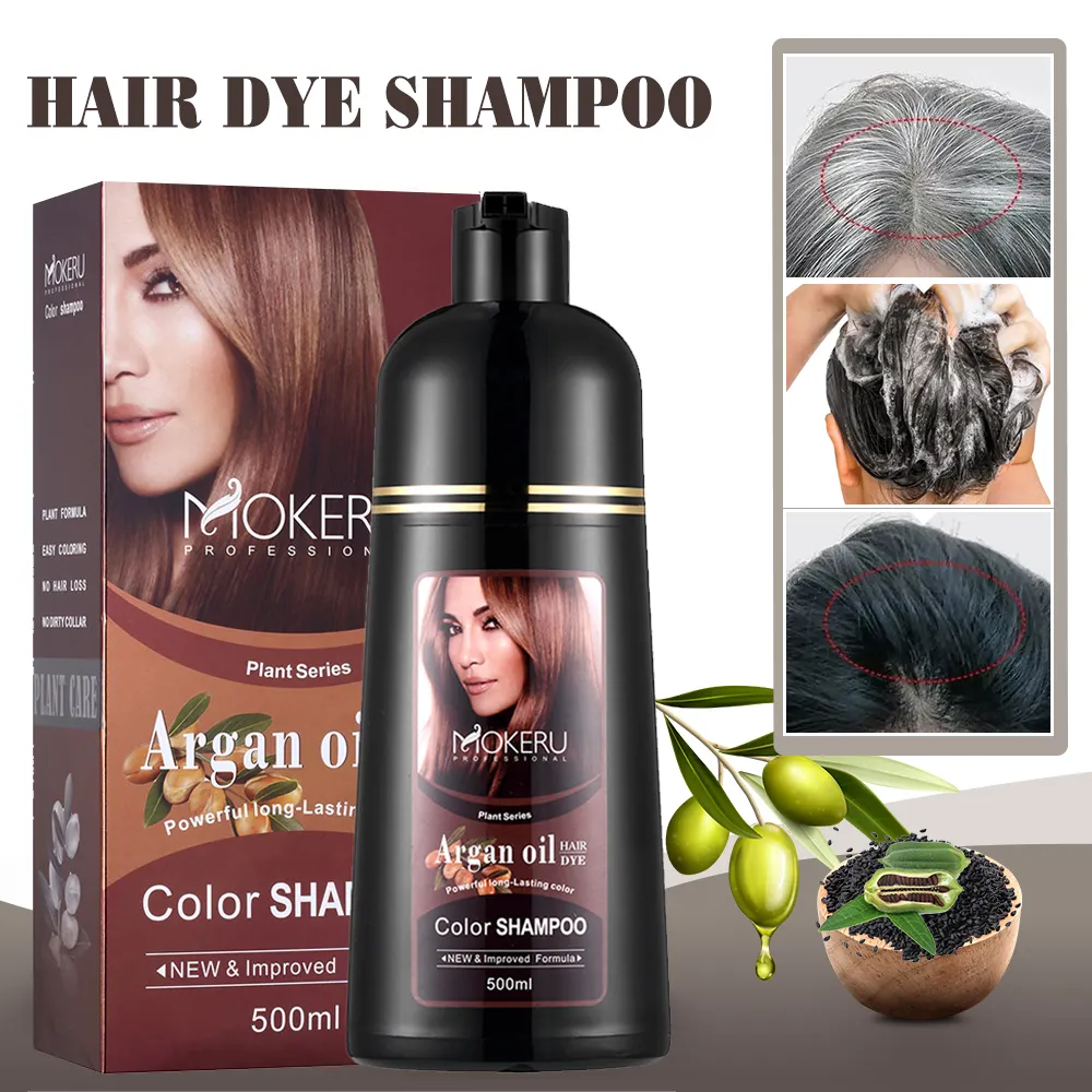 Venta al por mayor Mokeru 500ml Fast Dark Brown Hair Color Shampoo Hair color shampoo Etiqueta Privada Adecuado para hombres y mujeres