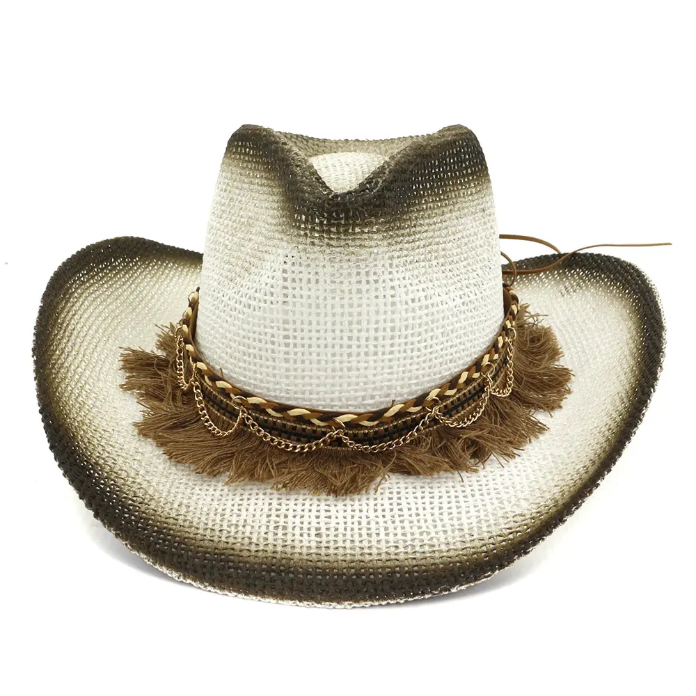 Sombrero de paja de cowboy moldeable con borlas, decoración de cadena de Metal, sombrero de playa