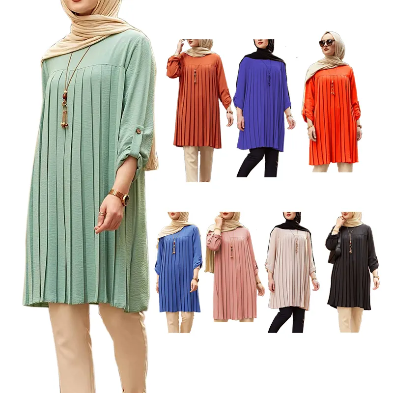 Modest dubai abaya blusa feminina, camisa de manga longa plissada, multicolor, casual, solta, estilo malásia, liso