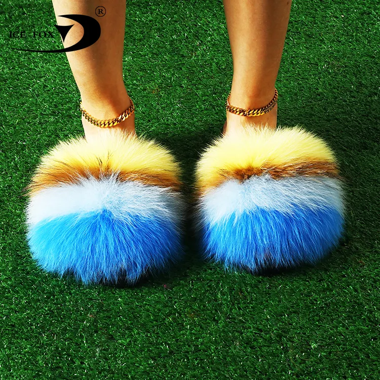 China Wholesale Luxury Raccoon Fur Sandals Ladies Slipper Outdoor Fox Fur Slide For Women