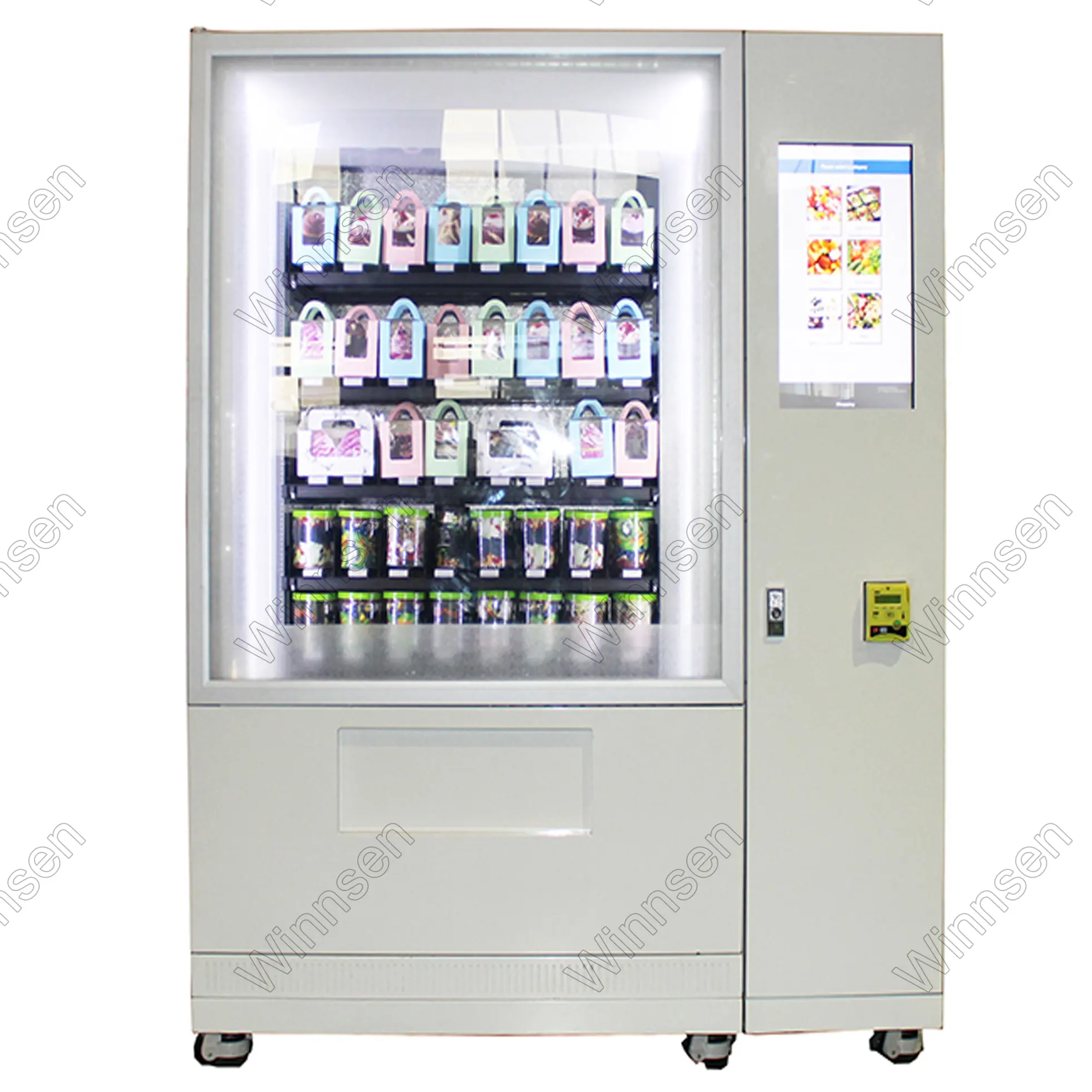 Smart refrigerator advertising display salad vending cupcake bakery vending machine with elevator and remote management