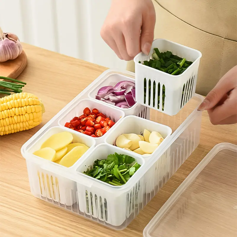 حاوية تخزين الطعام في الثلاجة, حاوية تخزين الطعام في الثلاجة مع 6 قطع بلاستيكية قابلة للفصل لتخزين الفاكهة والفاكهة ، منظم صغير لتصفية الطعام
