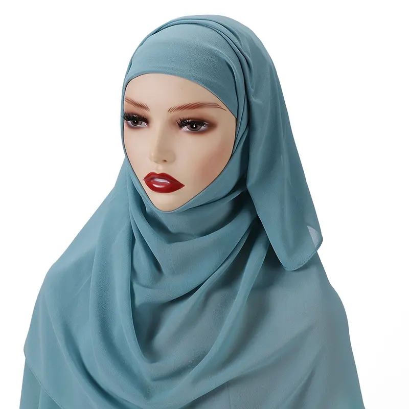 Vente en gros Hijab instantané en mousseline de soie Dewang avec bonnet doublé en satin sous-écharpe casquette Hijab foulards musulmans ensemble sous-bonnet en satin de soie femmes