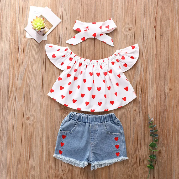 Lovely Little Girl Clothes Ruffle Off spalla Top e Denim Shorts 2Pcs Summer Kids Girls Clothing Set