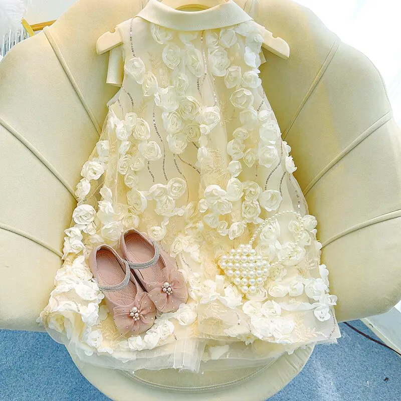 Vestido de boda de niña de flores grandes y dulces vestido de princesa de niña champán vestido de fiesta de niña elegante para niños de 3 a 12 años