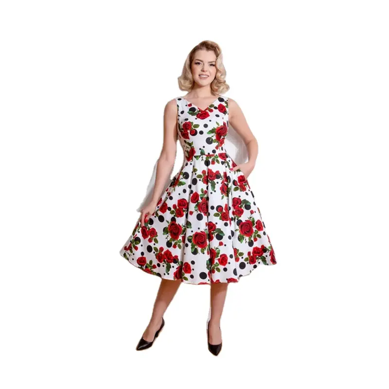 White Polka Dot & Red Rose Print Rockabilly 50er Jahre Swing Vintage Kleid mit Taschen