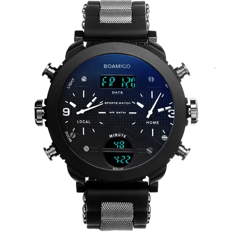 BOAMIGO F905, оптовая продажа, черные мужские цифровые часы, футуристические водонепроницаемые спортивные часы с резиновым ремешком в три раза