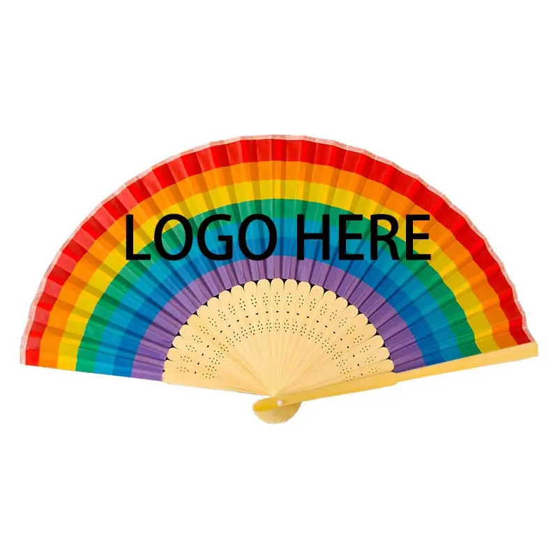 Personalized Print Fabric Rainbow Design Silk Fan Wedding Favor Customized Name Cloth Hand Fan Wedding Gifts