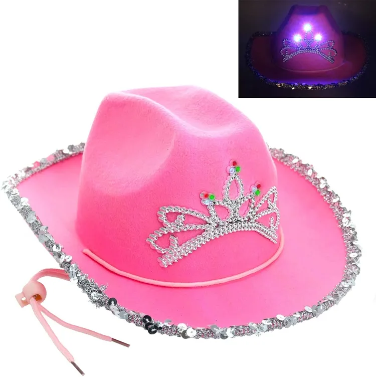 Tiara de princesa rosa con luz LED para niñas y adultos, sombrero de vaquero de fieltro, accesorios de disfraz