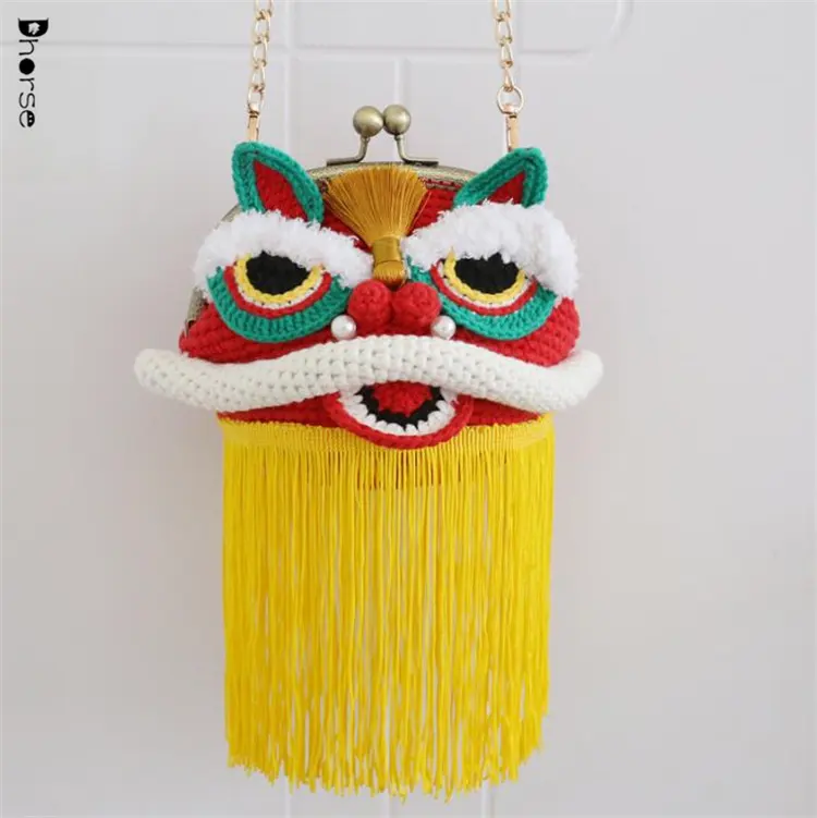 Bolsa carteira para celular artesanal chinesa com borla e tricô de leão