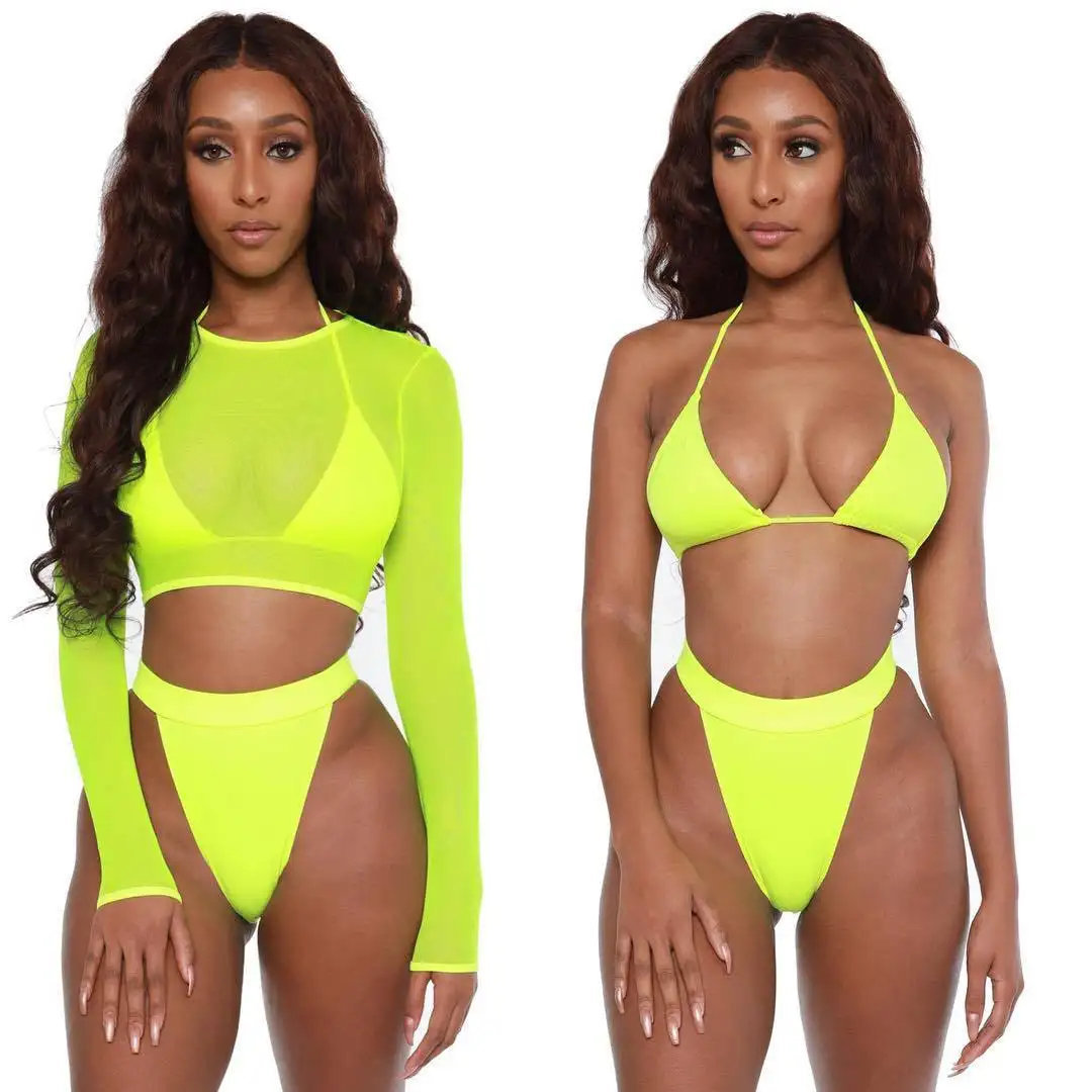 Maillot de bain 3 pièces en maille, personnalisé, Sexy, manches longues, taille haute, pour les femmes, vêtements pour la plage, modèle 2020