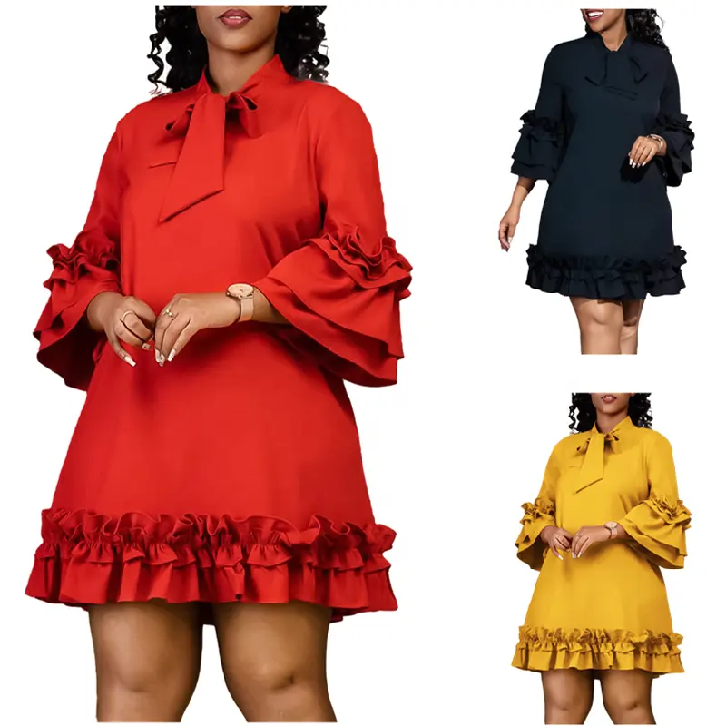 D3248 último diseño mujeres vestido suelto con cordones volantes mangas acampanadas A-line vestidos mujeres Casual niñas vestidos