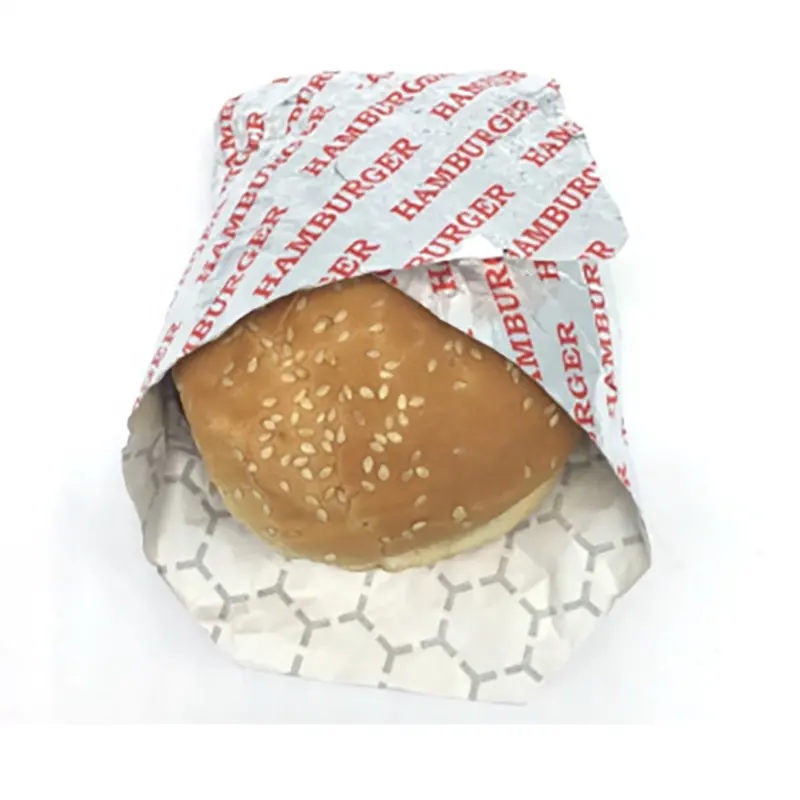 Kertas Pembungkus Kualitas Makanan Tahan Minyak Cetak Kustom untuk Kemasan Hamburger Sandwich Aluminium Foil