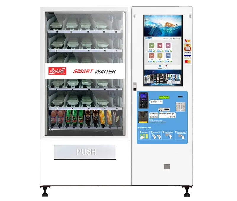 BAIXUE New Lifting systrm 32 inch touch screen for water and food milk dispenser with conveyor belt vending machine