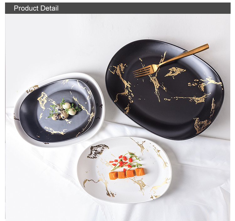 Ceramic Gold Marble Dessert Plate White And Black