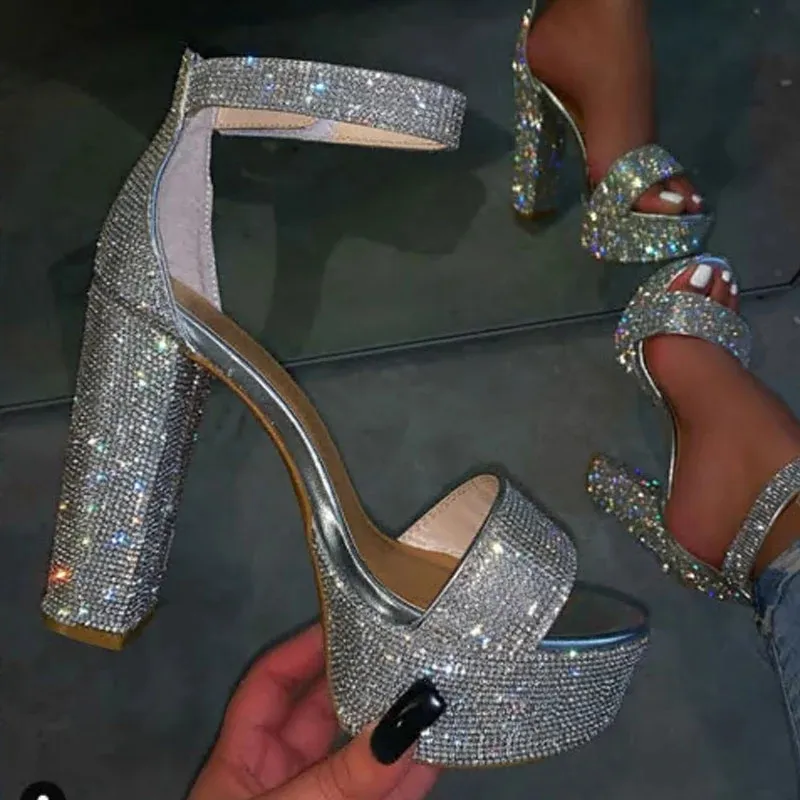 Sandalias plateadas con diamantes brillantes para mujer, zapatos de tacón alto grueso con correa de hebilla, plataforma, zapatillas de verano, sandalias de boda