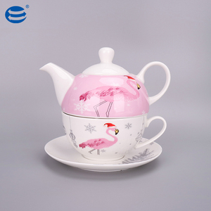批发粉色火烈鸟设计陶瓷茶壶一瓷二合一茶壶下午茶壶带杯子礼品茶具 - Product Image 1